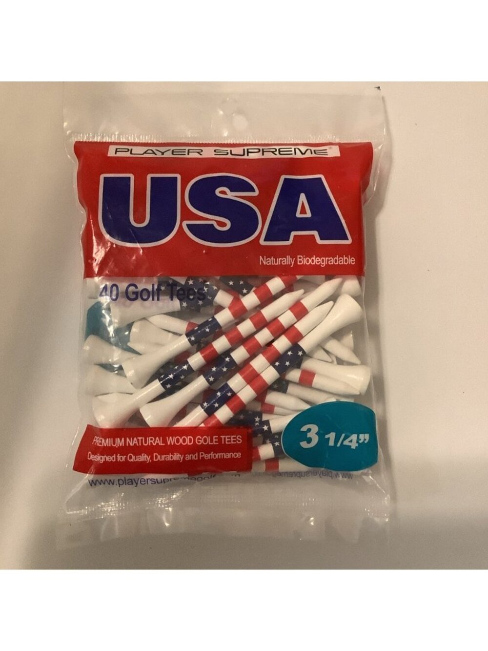 3 1/4" Player Supreme Golf Tee's USA Flag Logo Tees 40 Pk Natural Wood. New
